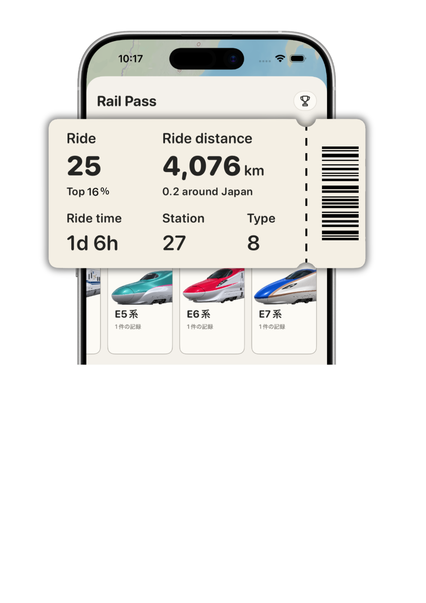 Railiy Passの画面。乗車回数、距離、車両タイプ、路線の進捗を表示